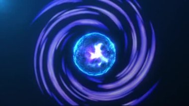 Parlayan fraktal dönen girdaba sahip mavi mor parçacık plazma küresi, enerji sıvı çekirdeğine sahip küre ve parlak sihirli alan bilimsel fütüristik soyut arka plan. 4k 60 fps kusursuz döngü.