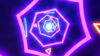 Mavi ışık çizgileri ve turuncu üçgenleri olan neon parlayan beşgen tüneli. Enerjik hareketli şekillerin gelecekteki parlak, hızlı animasyonları. Parti VJ festival oyunları kusursuz döngü 4k 60 fps arkaplan