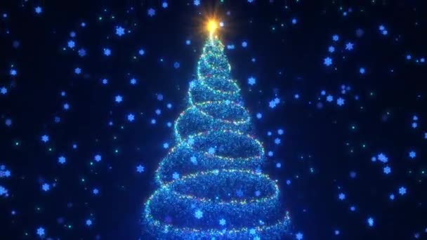 抽象的な輝くスパイラルクリスマスツリーは 雪片を落下させ 暗い青い背景 冬の休日に粒子を点滅させます ネオン クリスマス ツリー 新年のスクリーンセーバー 60Fps ビデオループ — ストック動画