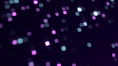 Soyut mavi mozaik arka plan. Soyut mor LED hareket arkaplanı noktalar. Teknoloji dijital kare koyu renk arkaplan. Parlak piksel şebeke arkaplanı. 4k 60 fps geometrik tasarım kusursuz animasyon.