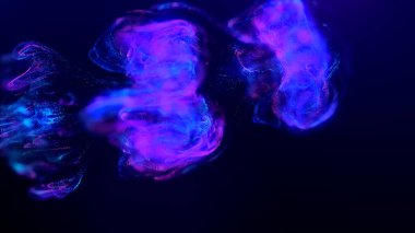 Soyut sıvı patlaması neon parıldayan mor yanardöner dalgalar sıvı suda bulanık bir etkisi olan sihirli enerji. Soyut arkaplan.