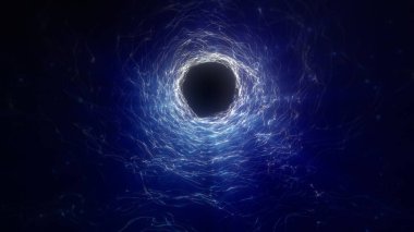 Mavi Işık Enerji Tüneli ve uçan parçacıklar. 3D tünel ışığı animasyon arka planını etkiler. Dijital, fütüristik, parlak, VJ, neon, görsel, teknoloji, çarpık,