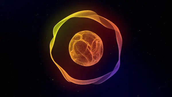 Soyut neon parlak dalgalı çizgiler uzayda turuncu patlama parçacıkları çekirdeğiyle titreşiyor. Lazer hatları zıplıyor ve akıyor. Floresan ultraviyole ışık spektrumu