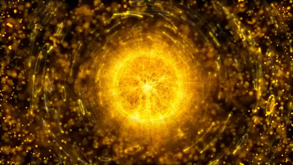 Abstract golden orange looped energy sphere of plasma particles and waves of magical glowing on a shiny yellow dust motion background