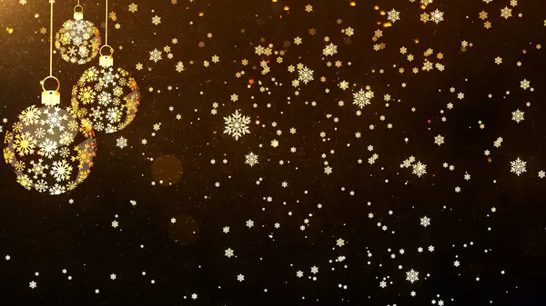 Altın sarısı, ışıl ışıl parlayan Noel oyuncakları ve kar animasyonu. Parlak kış, düşen güzel kar taneleri, koyu altın bir arka planda..