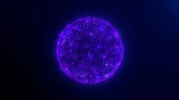 Bright glowing rotating particle purple pink sphere on dark background. Abstract technology, science, engineering and artificial intelligence animation. Plasma wave energy orb.