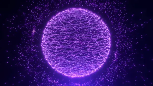 Parlayan parçacıkların arka planında dönen dalgalardan oluşan soyut mor küre. Neon dijital küre fantezi sihirbazı parlak fraktal enerji teknoloji animasyonunu döndürüyor.