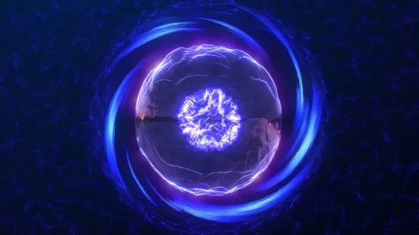 Mor mavi enerji küresi parlak dönen bir tünel, hareket eden çekirdekli atom ve plazma sihir alanı bilimsel fütüristik yüksek teknolojili soyut arka plan.