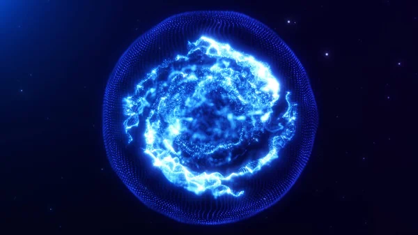 Soyut mavi enerjik parlayan sihirli küre plazma dinamik parlayan çekirdekli uzayda uçuyor. Üzerinde fraktal parçacıklar uçuşan koyu mavi bir arka plan. Bir neon performans küresi çizimi.