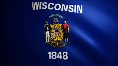 Rüzgarda hareket eden kumaş dokusuyla Wisconsin bayrağı. Dalgalanan bayrağın kusursuz bir döngü içinde düzgün hareketi. Mavi, beyaz, özgürlük, ülke, ulus, ABD. 
