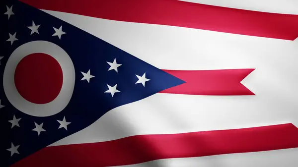 Ohio bayrağı, rüzgarda hareket eden kumaş desenli. Dalgalanan bayrağın kusursuz bir döngü içinde düzgün hareketi. Mavi, beyaz, kırmızı, özgürlük, ülke, ulus, ABD.