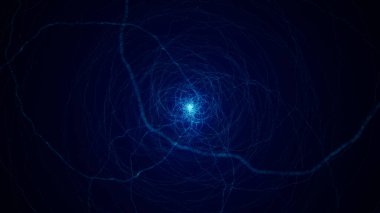 Parlayan mavi bir girdabın soyut animasyonu parlak bir merkezin etrafında dönüyor ve parçacıkları uzaya fırlatıyor. Bilimkurgu dijital fütürist fantezi animasyonu.