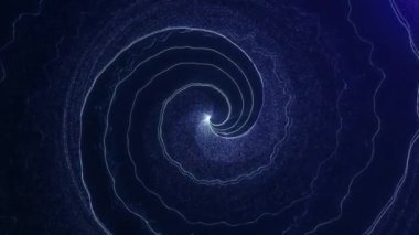Uzayda parlayan parçacıklardan oluşan dairesel hareket mavi soyut girdap. Dönen parçacıklar eşmerkezli dairesel hareketlerle ışık saçıyor. Parıltı etkisi ve alan bulanıklığı var. 4k 60 fps animasyon.