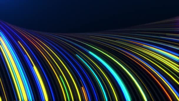 Абстрактный Поток Разноцветных Светящихся Неоновых Линий Темно Синем Фоне Криптовалюта — стоковое видео