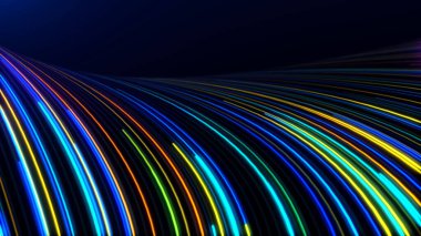 Koyu mavi arkaplanda çok renkli neon çizgilerin soyut akışı. Kripto para birimi, iletişim ağı, büyük veri, blok zinciri ve dijital teknoloji kavramı. 