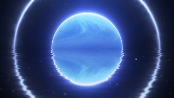Soyut Parlayan Gezegen Yıldızlı Bir Gökyüzünde Döner Suyun Yansıtıcı Yüzeyi — Stok video