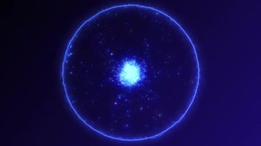 Parçacık alanının soyut mavi parlak enerji küresi ve karanlık bir arkaplanda parlayan sihirli dalgalar. Plazma çekirdeği bilimsel fraktallar yayıyor. Fütürist yüksek teknoloji dijital arka plan. 4k 60 fps.
