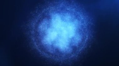 Hareketli parçacıklar ve parlak bulutlardan oluşan soyut dijital enerji parlayan küre. Parlak elektrik elektronlardan oluşan mavi küre yuvarlak çekirdek. Koyu arkaplanda küçük fütürist parçacıklar uçuşuyor.
