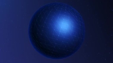 Soyut dijital fütüristik mavi ışıklı top uzayda yükselerek koyu bir arkaplanda dönüyor. Küre yüzeyinde parlayan bağlantı desenleri, parçacıklar hareket eden çizgiler. 4k 60 fps