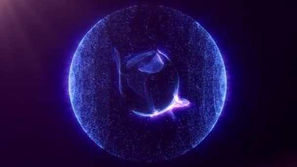 数字抽象明亮发光的旋转粒子球在宇宙中 动波能量球 紫色和蓝色 色彩艳丽的闪亮旋转的神奇等离子核 60Fps视频循环 — 图库视频影像