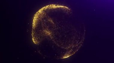 Uzayda dönen altın parlak enerji parçacıklarından oluşan soyut bir lüks küre. Sihirli aura dalgalarının parıldayan kırıklarından oluşan plazma küresi. Zarif parlayan minimalist dinamik arka plan. 4k 60fps video döngüsü.