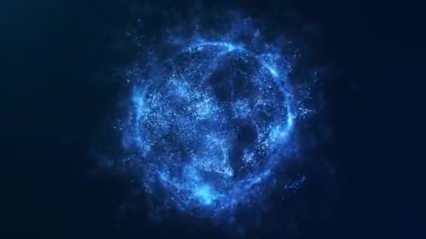 Abstrakt Digital Blå Lysande Kärna Atomskal Med Partiklar Roterande Rymden — Stockvideo