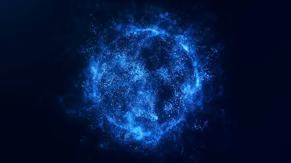 Abstract digital blue luminous core, atomic shell with particles rotating in space. Dynamic glowing chaotic sphere of magical energy. Futuristic shiny bokeh plasma orb background