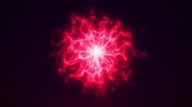 Parçacıklardan ve dalgalardan gelen kırmızı enerjinin soyut arkaplan parlaması. Fantastik parlayan yıldız, dinamik küre, parlak bir enerji kaynağı boş uzayda ışık ve ısı yayar. 4k 60fps video döngüsü.