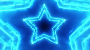 Parlayan enerjik plazma yıldız şeklinin soyut hareketi. Siyah arkaplanda mavi renkli parlak sis çizgileri. Radyal konsantre yıldız yanıp sönen deseni şekillendirir. 4k 60fps video döngüsü.