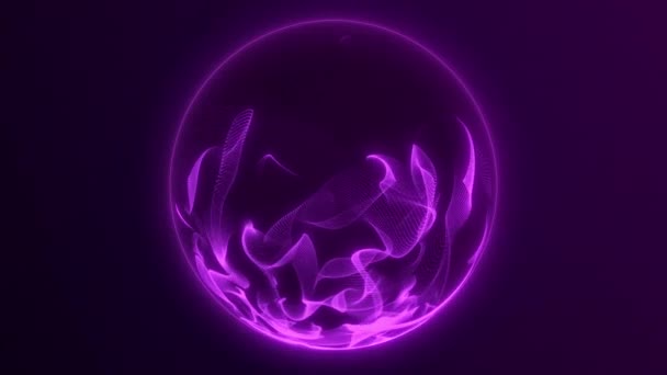 数字能量发光球体 带有波状粒子悬浮在太空中的霓虹灯紫色球体 在黑暗的背景上 神奇的 动态的 闪亮的未来球 4K60Fps循环视频 — 图库视频影像