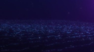 Siber uzayda soyut mavi parlayan dijital parçacık yüzeyi. Karanlık arka planda parlak, büyülü, fütüristik fantezi dalgalarının odaksız akışı. 4k 60 fps döngülü ekran koruyucu.