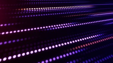 Soyut arayüz yüzeyi, mor renkli parlak çizgilerle koyu arkaplanda pembe daireler çiziyor. Parlak elementlerden oluşan dijital fütüristik mozaik yarım ton duvar.