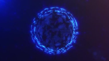 Karanlık parçacık zeminindeki çizgi ve noktalardan oluşan soyut mavi dijital küre. Parlak fütürik bilim-kurgu enerji sihirli küre enerji ve elektrik alanı ile. 4k 60 fps döngülü arkaplan.