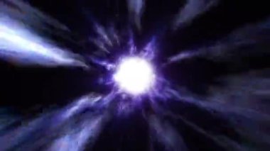 Uzayda koyu mor soyut hiper uzayda yüksek hızlı bir uçuş. Enerjinin dinamik dalgaları, maddenin parlayan akışı. Zaman sürekliliğinde ışık hızı yolculuğu. 4k 60 fps döngülü arkaplan.