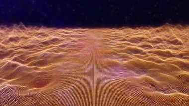 Koyu arkaplanda parlayan turuncu altın dalgaların soyut dijital manzarası. Parlak enerji parçacıklarından oluşan fantezi denizinde uçuyorlar. 4k 60fps sihirli ileri teknoloji arkaplan.