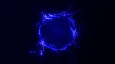 Karanlık zemin üzerinde plazma parçacıkları olan soyut enerjik parlayan küre. Fütüristik sihirli fraktal akış mavi ateş. Sosyal medya veya iş dünyası için sanal yardımcı illüstrasyon