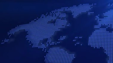 ABD şehirlerinin iğne deliğini gösteren dünya haritası. Dijital iletişim ağı, iş, seyahat, ulaşım, hizmet dağıtımı, sosyal medya. Minimalist tarzda büyük Amerikan şehirleri. 60fps soyut arkaplan.