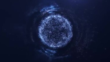 Bir girdabın karanlık arka planına karşı uzayda yükselen parlak plazma parçacıklarının enerji mor küresi. Plazmadan yapılmış parlak dijital fütüristik çekirdek. 4k 60 fps döngülü animasyon.