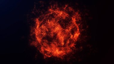 Koyu bilim kurgu arka planında parlayan parlak enerji parçacıklarının kırmızı alevi. Sihirli plazma çekirdeği güçlü fantezi küllerinden oluşan fraktallar fışkırtıyor.. 