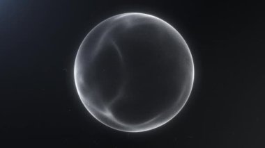 Koyu arkaplandaki plazma parçacıkları akışının gri, parıldayan dijital küresi. Fraktal alanla çevrili sihirli enerji fütüristik küre. Fantezi bilim kurgu dinamik parlak çekirdek. 4k 60fps döngülü grafik.