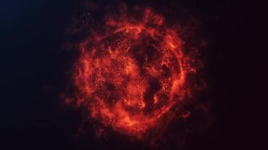 Koyu bilim kurgu arka planında parlayan parlak enerji parçacıklarının kırmızı alevi. Sihirli plazma çekirdeği güçlü fantezi küllerinden oluşan fraktallar fışkırtıyor. 4k 60fps soyut döngülenmiş grafik.