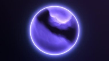 Mor beyaz neon parlak bilim-kurgu dijital küre. Kalın bulutlardan oluşan enerji parçacıkları. Karanlık uzay soyut arka planında parlayan dumanlı sihirli plazma küresi. 4k 60fps döngülü grafik.