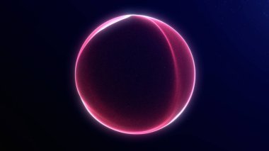  Yumuşak neon pembe parlak enerji küresi ve plazma alanı. Koyu mavi soyut arkaplanda parlayan sihirli bilim kurgu sıvı parçacıkları küre. Fantezi dalgalı sıvı dairesi.
