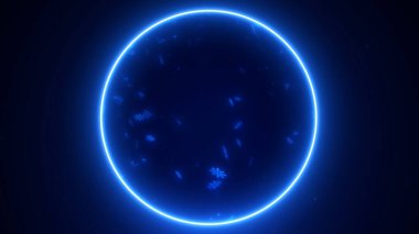 Parlak mavi minimalist enerji kar küresi koyu soyut arka planda yükseliyor. Dinamik kar taneleri çekirdeğiyle parlayan plazma küresi. Sihirli fantezi sanal parçacıkları küre.