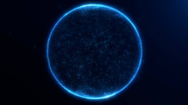 Karanlık soyut arkaplanda parlayan mavi enerji parçacık plazma küresi. Parlak kar topu kış tatili ekran koruyucusu. Dinamik fantezi sihirli noel kar taneleri küre.