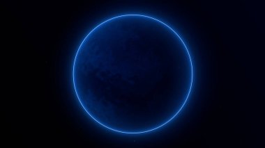 Karanlık evren arka planında sıvı yüzey dokusuyla parlayan mavi enerji küresi. Uzayda metal desenli gezegen. Parçacıkların yanında yüzen plazma sihirli çekirdeği. 