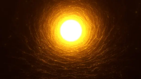 Parlak plazma parçacıklarından yapılmış altın enerji parlayan tünel. Kozmostaki parlak sarı solucan deliği. Fantezi bilim kurgu dijital fütüristik akışkan dinamik warp.