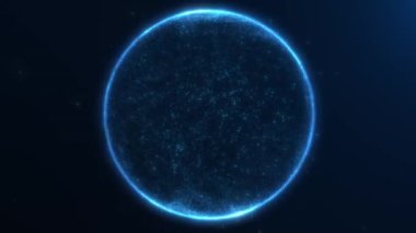 Karanlık soyut arkaplanda parlayan mavi enerji parçacık plazma küresi. Parlak kar topu kış tatili ekran koruyucusu. Dinamik fantezi sihirli noel kar taneleri küre. 4k 60 fps döngülü grafik.