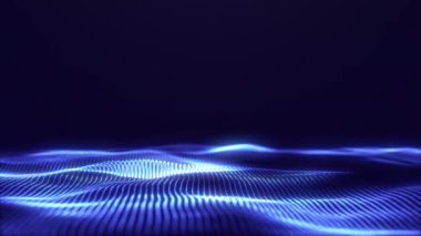 Dijital parçacıklardan ve sihirli noktalardan gelen soyut mavi parlayan minimalist enerji dalgaları. Sanal fantezi arka planında parlak fraktalların fütüristik bilim kurgu bağlantı akışı. 4k 60fps döngülü grafik.