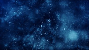 Mavi renkli parlak bokeh parçacıklarının soyut akışı mavi bir deniz gibi parlıyor. Yüzeyde moleküller. Su derinliklerinde hava kabarcıkları. Koyu arkaplanda uzayda fütürist parıltı.